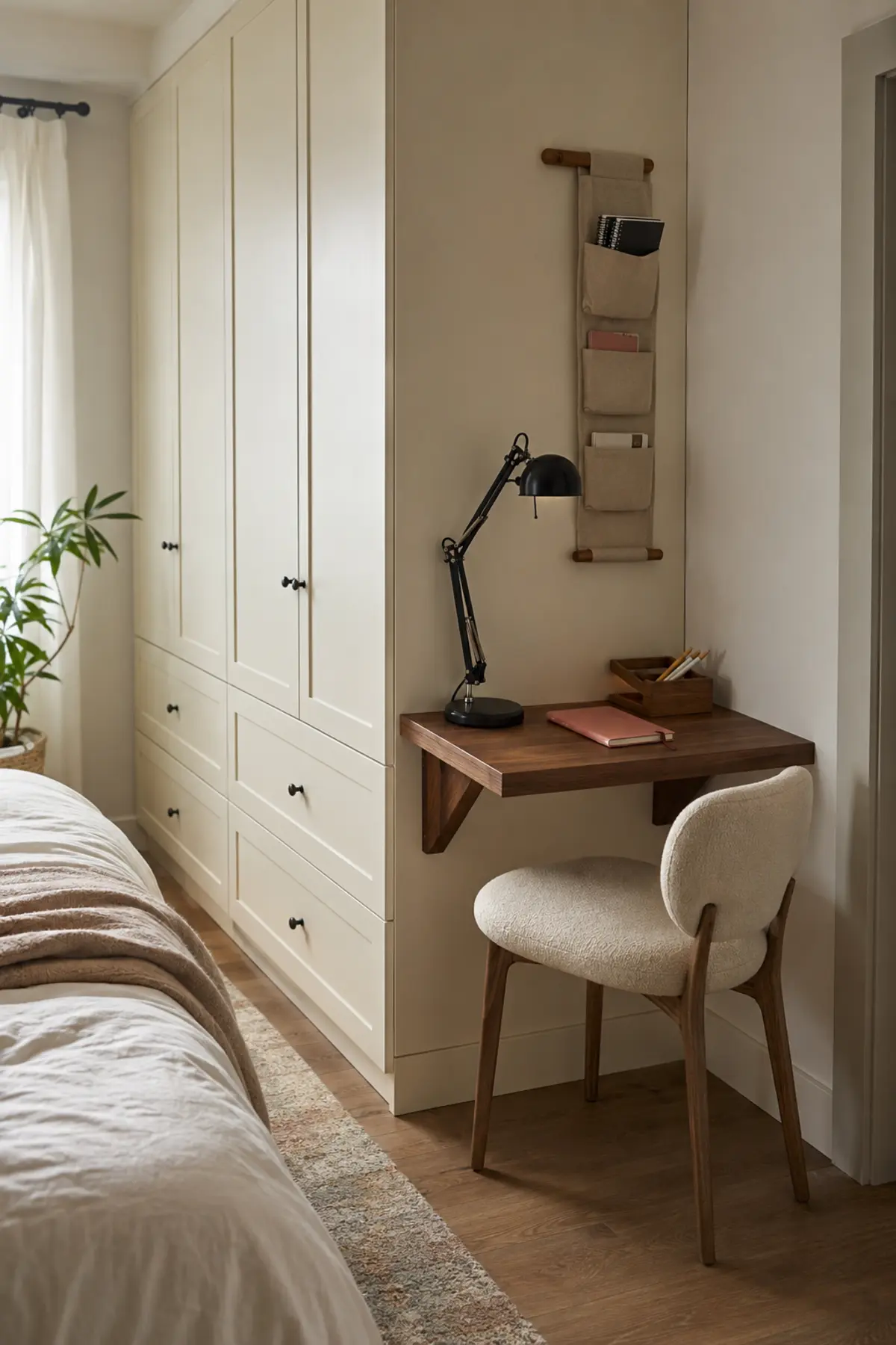 Tiny Study Corners Are Taking Over Pinterest—7 Desk Nook Ideas for Small Homes 7 Floating walnut desk with a compact chair and wall pockets beside a cream bedroom wardrobe