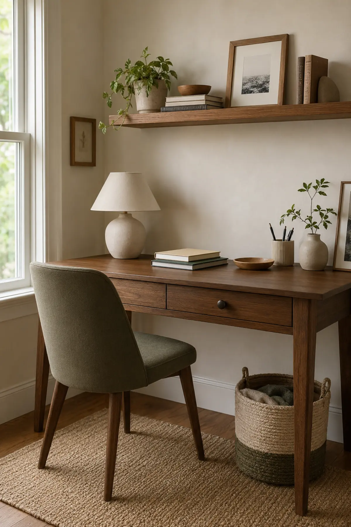Compact walnut study desk layered with cream, olive and natural woven textures