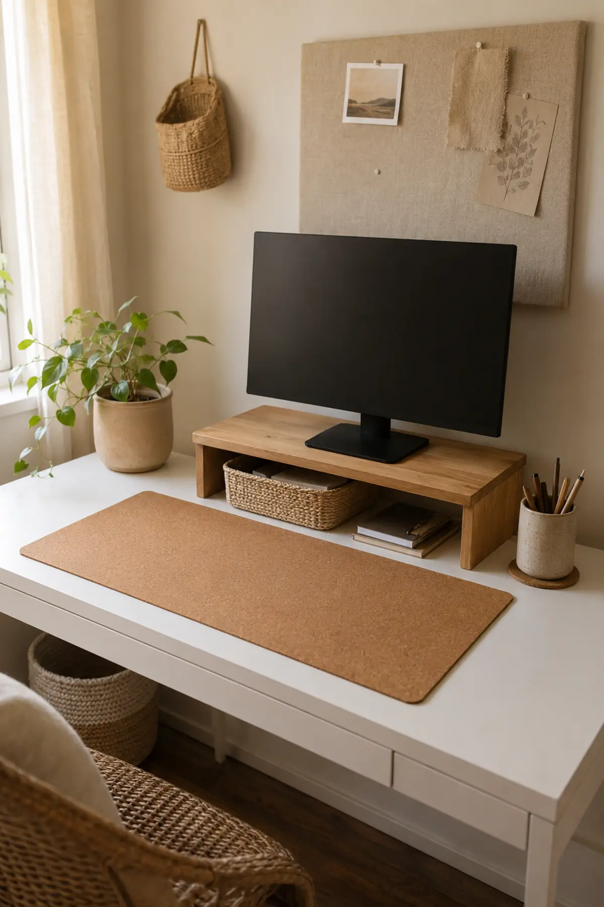 Existing white desk softened with a cork desk pad, wood riser, linen pinboard and woven basket
