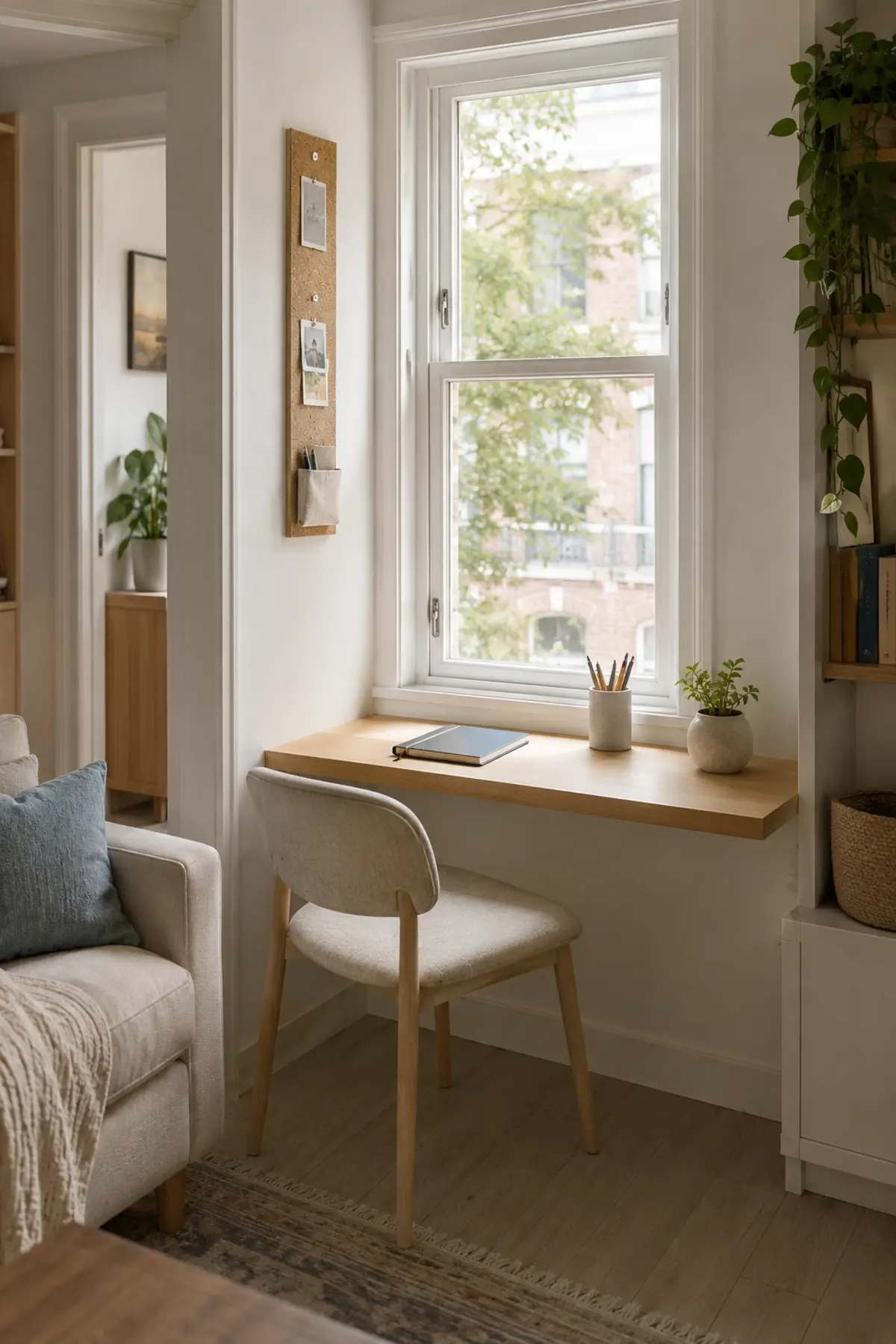 Tiny Study Corners Are Taking Over Pinterest—7 Desk Nook Ideas for Small Homes 3 Floating wood desk beneath a bright window with a compact chair in a small living room