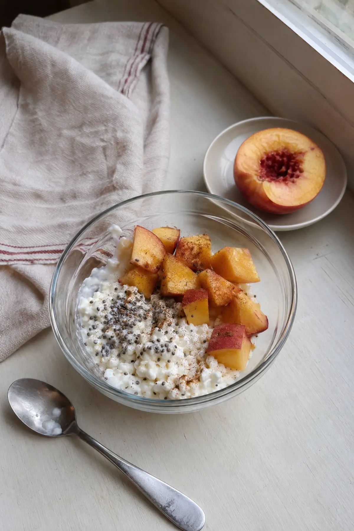 7 After-School Snacks With Protein and Fiber—Without Turning Snack Time Into a Project 7 Cottage cheese bowl with diced peach, moistened chia seeds and cinnamon