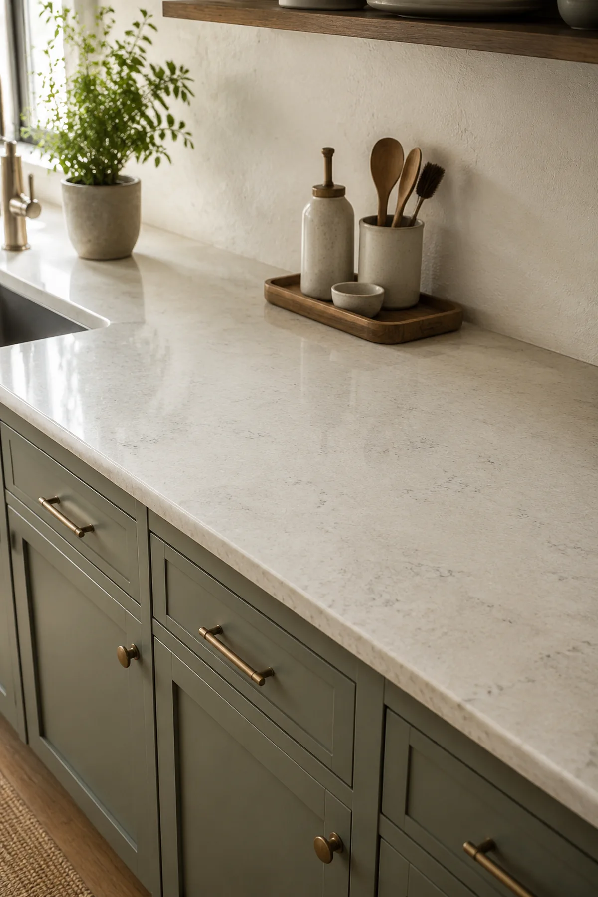Warm kitchen counter with a compact tray cluster at one end and most of the work surface open