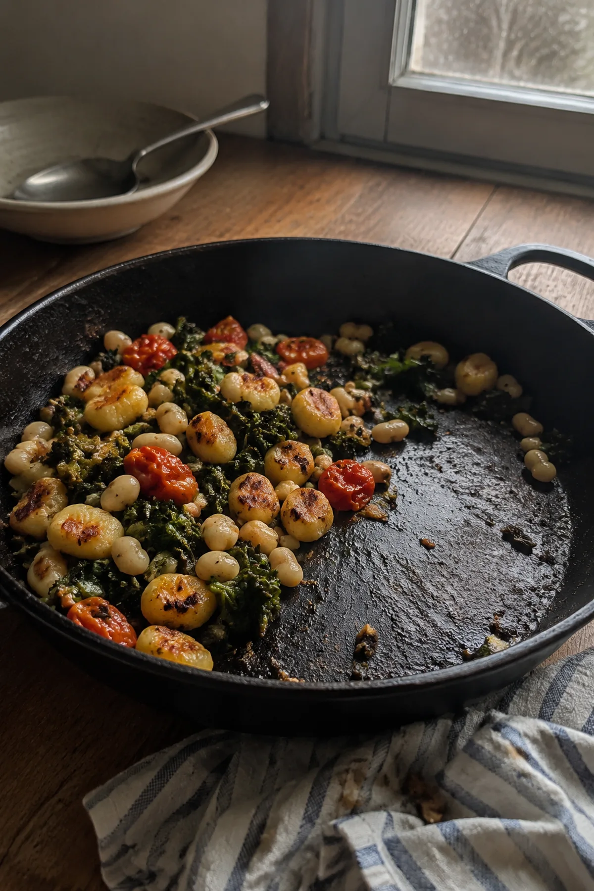30-Minute Dinners That Bridge the Gap Between Summer and Fall 6 Crispy gnocchi with blistered tomatoes, white beans and wilted kale in a black skillet