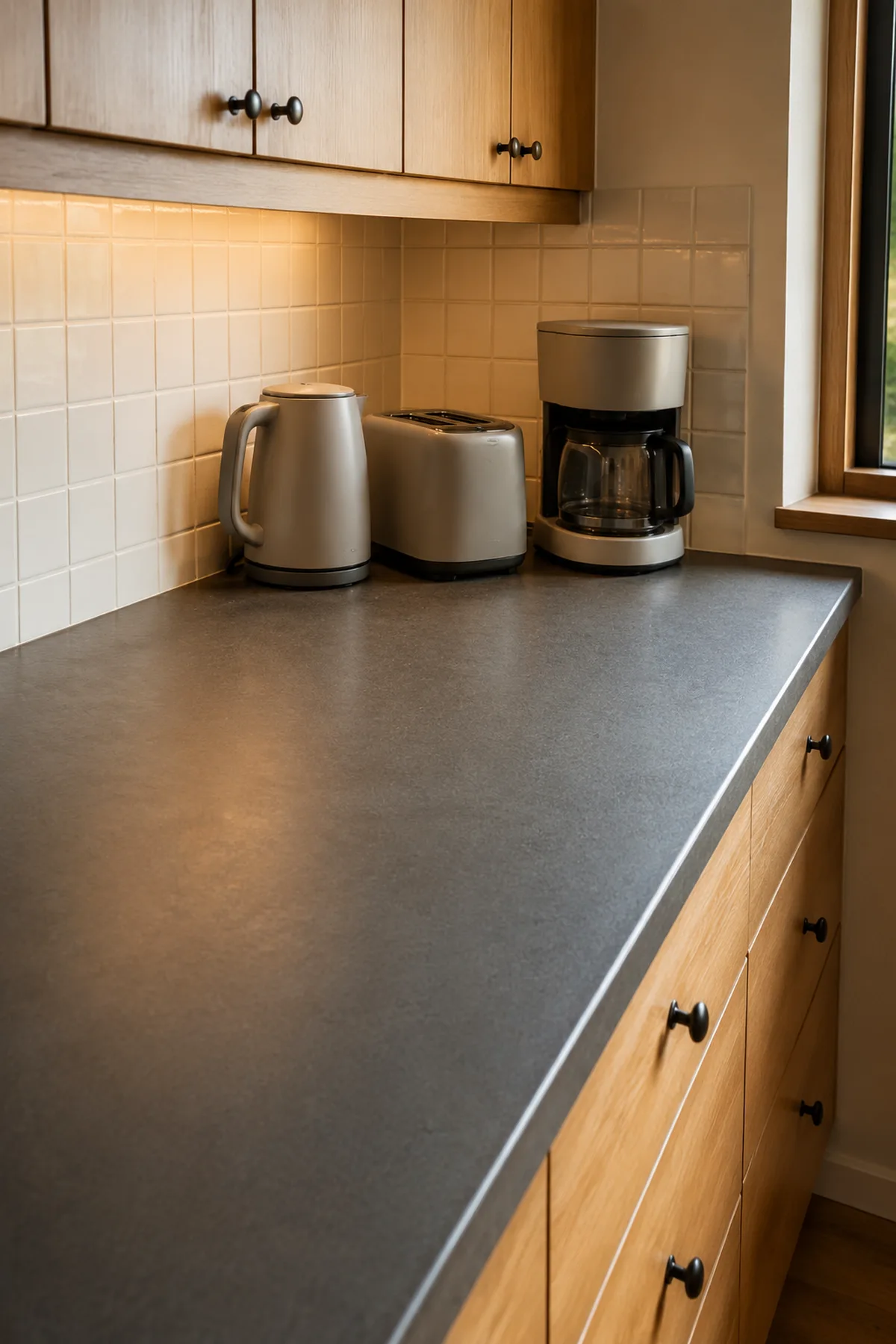 Compact kettle toaster and coffee station grouped away from the sink with the remaining counter left open