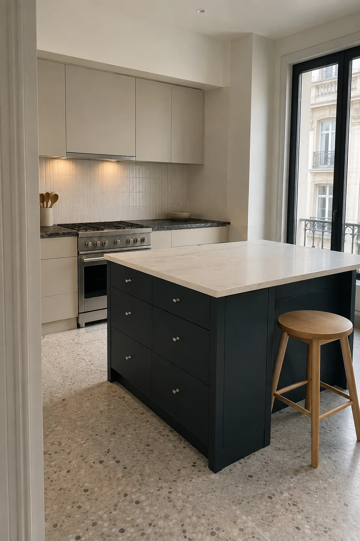 Painting Only the Kitchen Island Might Be Enough—7 Color Ideas for a One-Surface Refresh 3 Inky muted-blue kitchen island with pale putty cabinetry cream stone and a light terrazzo floor