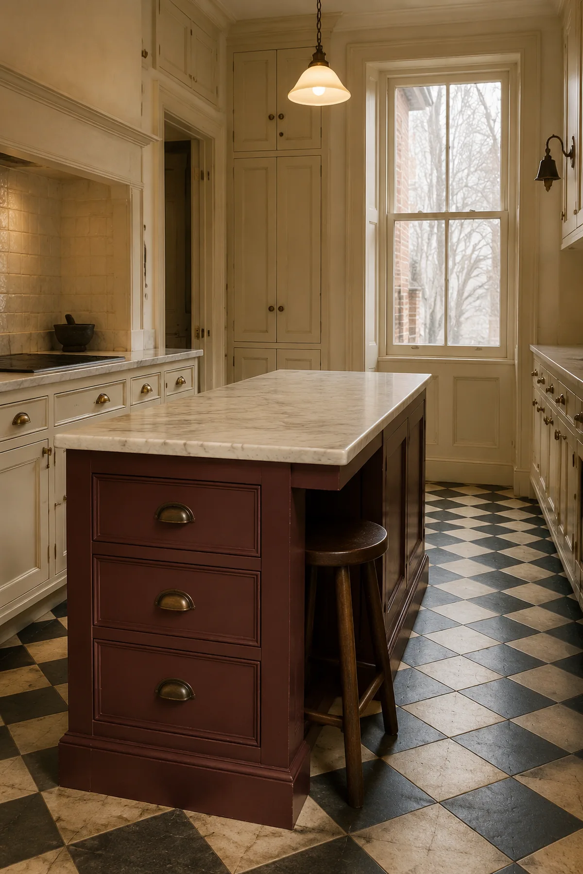 Painting Only the Kitchen Island Might Be Enough—7 Color Ideas for a One-Surface Refresh 5 Muted burgundy island with warm-ivory cabinetry creamy stone and a black-and-cream limestone floor
