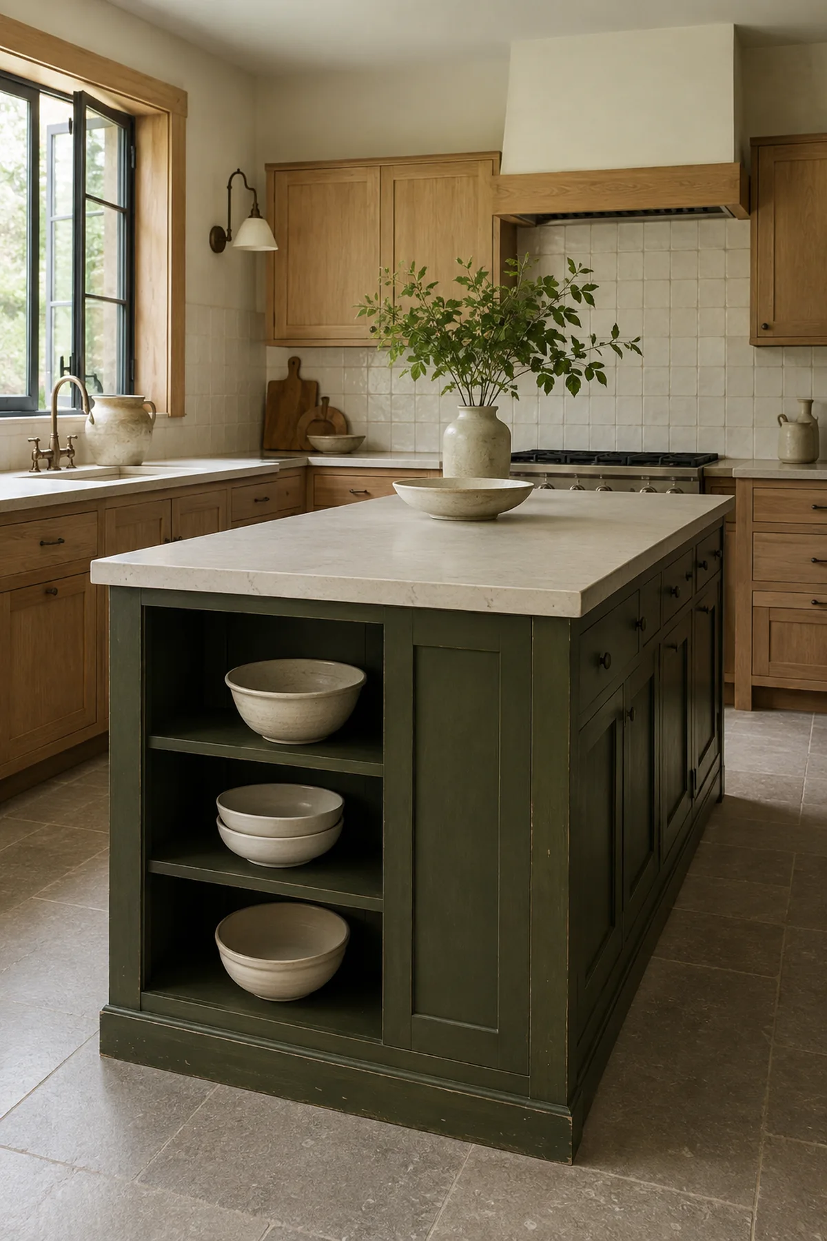 Painting Only the Kitchen Island Might Be Enough—7 Color Ideas for a One-Surface Refresh 2 Deep smoky-olive island with natural white-oak cabinets handmade ivory tile and gray limestone flooring
