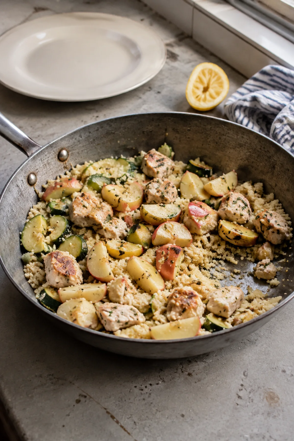30-Minute Dinners That Bridge the Gap Between Summer and Fall 2 Lemon-sage chicken couscous with zucchini and apple in a well-used skillet