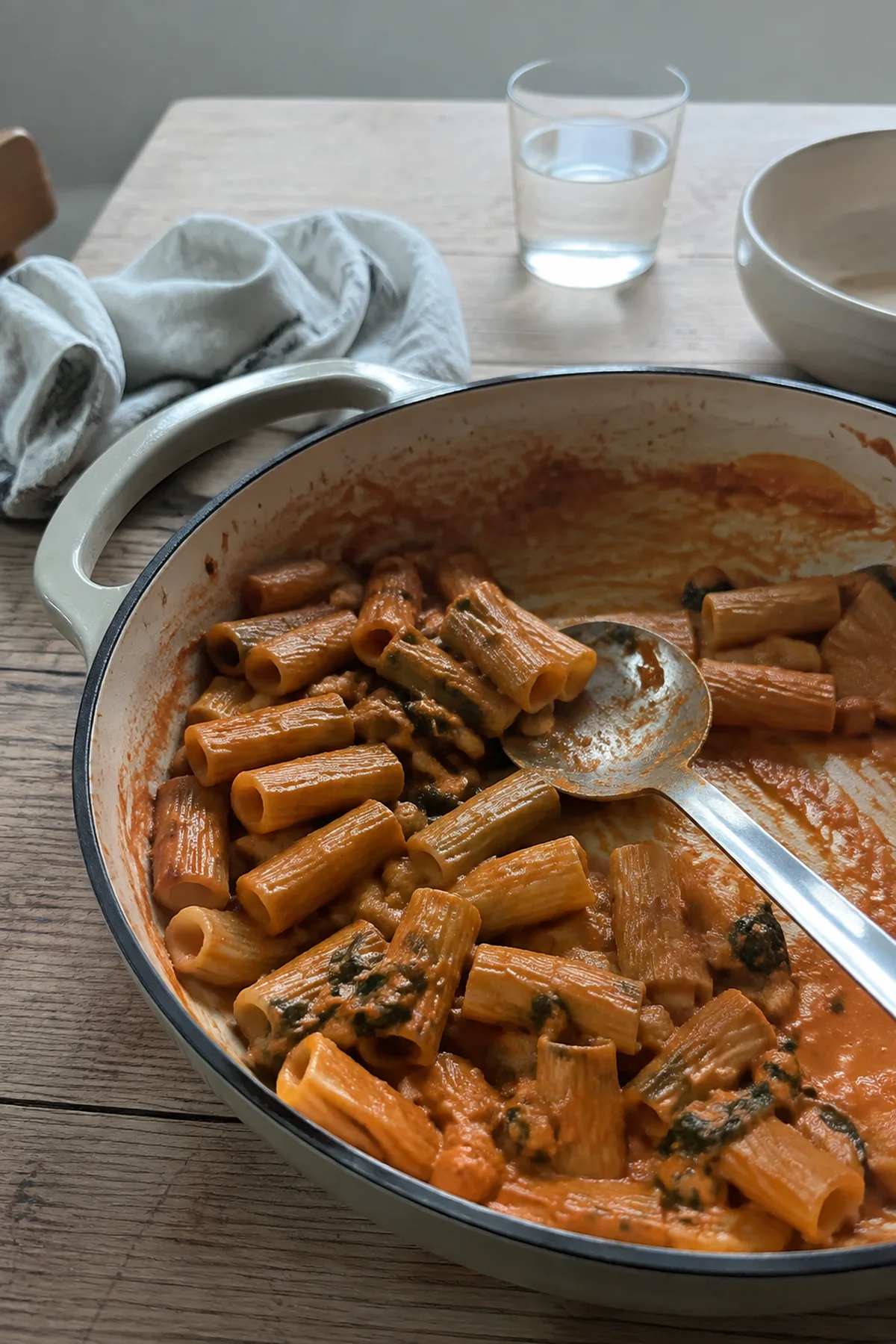 30-Minute Dinners That Bridge the Gap Between Summer and Fall 3 Creamy tomato-pumpkin chickpea rigatoni in a used enamel pan