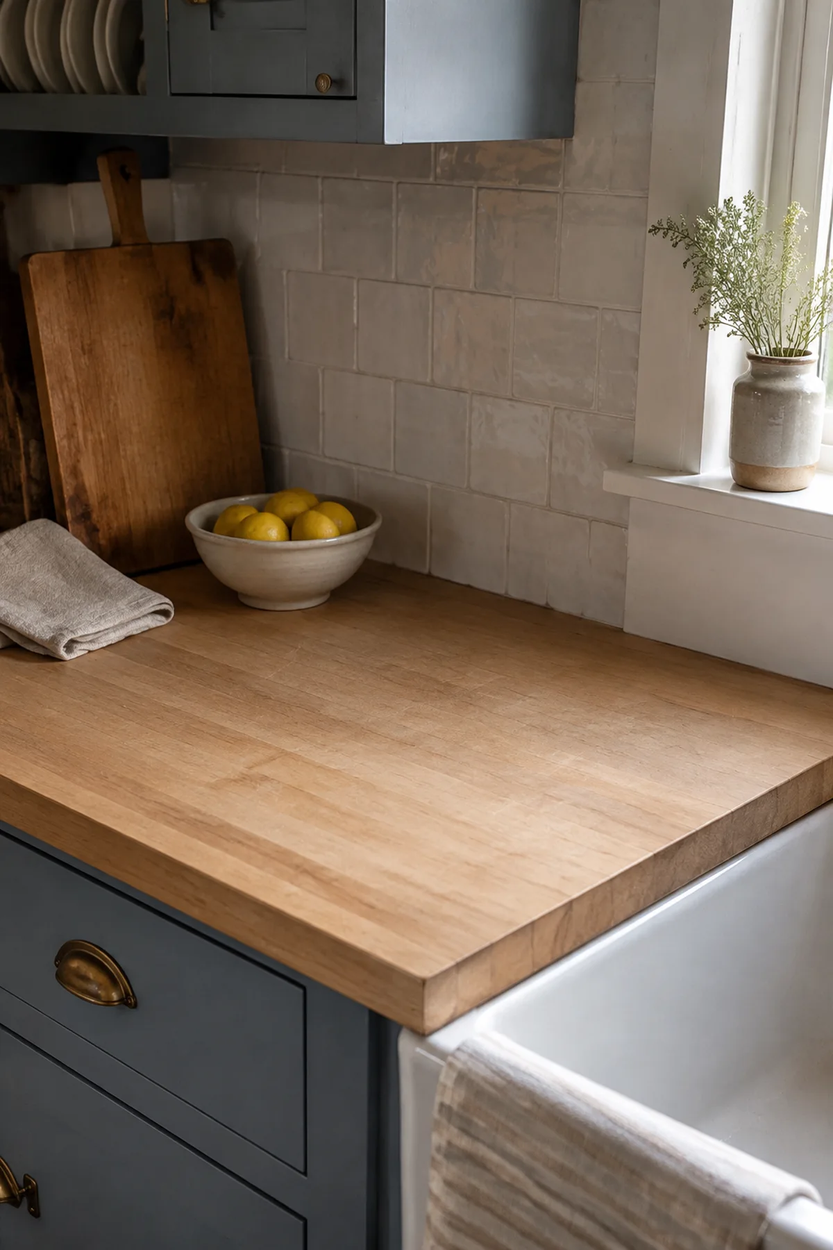 Open prep span beside a kitchen sink with room for a large cutting board to land without moving decor