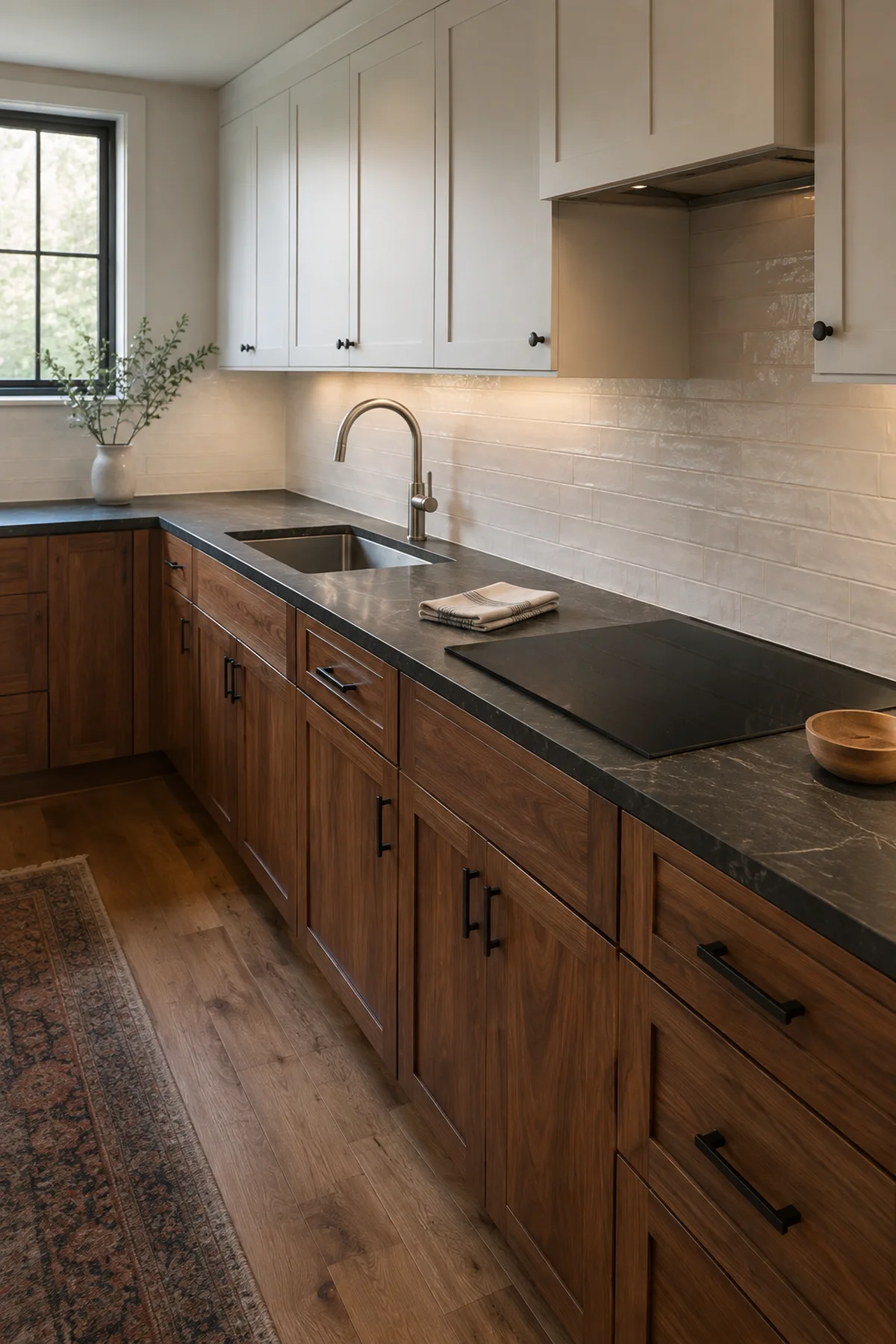 Oblique view of separate kitchen counter runs with sink cutouts and genuinely usable open work areas