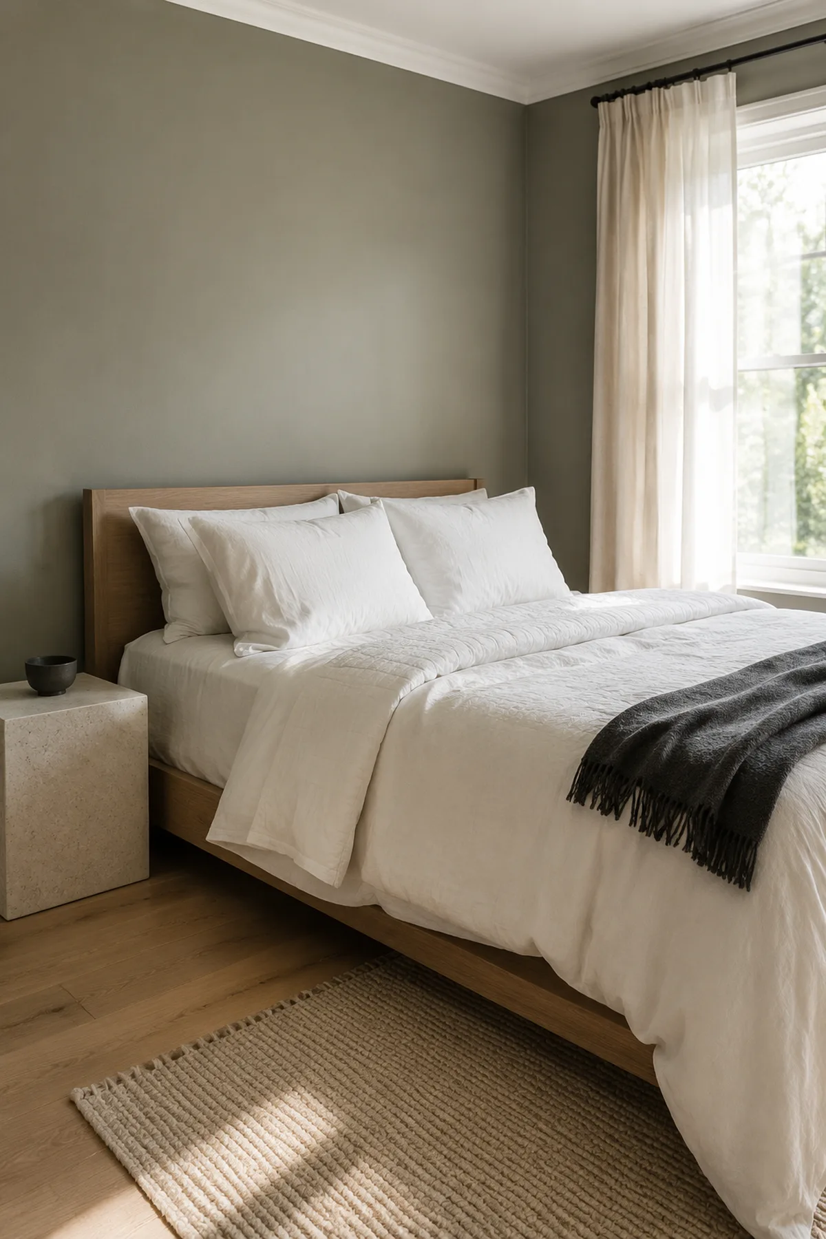 Green-Tinged Neutrals Could Be Fall 2026’s Best Alternative to Beige 5 Gray-sage bedroom with opaque cream bedding, white oak, pale stone and a restrained charcoal throw